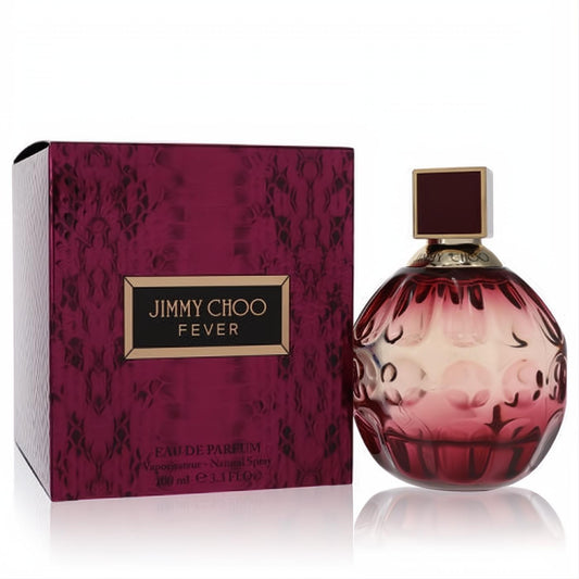 Luxurious Jimmy Choo Fever 3.3 oz Eau de Parfum with a faceted ruby-red glass bottle and elegant textured burgundy box.