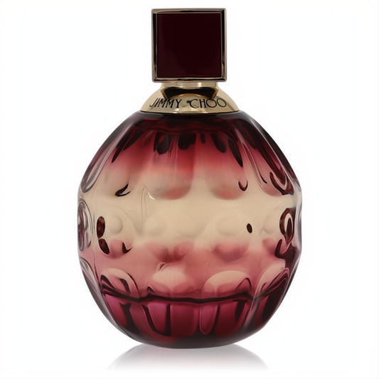 Jimmy Choo Fever 3.3 oz women's perfume tester. Luxurious deep berry textured glass bottle with gold Jimmy Choo logo and matching cap.