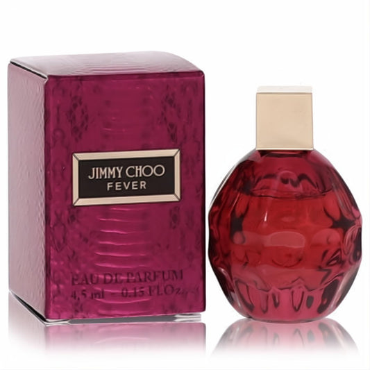 Jimmy Choo Fever .15 oz mini EDP. Bold textured dark red bottle, gold cap, and matching elegant box.