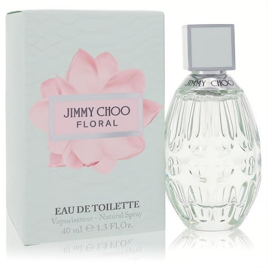Jimmy Choo Floral 1.3 oz women's Eau De Toilette. Elegant ribbed glass bottle with silver cap and a pale green box with a pink flower.