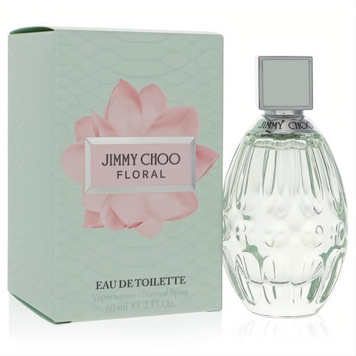 Jimmy Choo Floral 2 oz EDT. Sparkling faceted glass bottle with sleek silver cap, next to its mint green box with pink floral design.