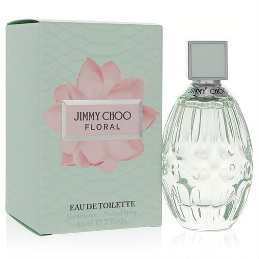 Jimmy Choo Floral 2 oz EDT. Sparkling faceted glass bottle with sleek silver cap, next to its mint green box with pink floral design.