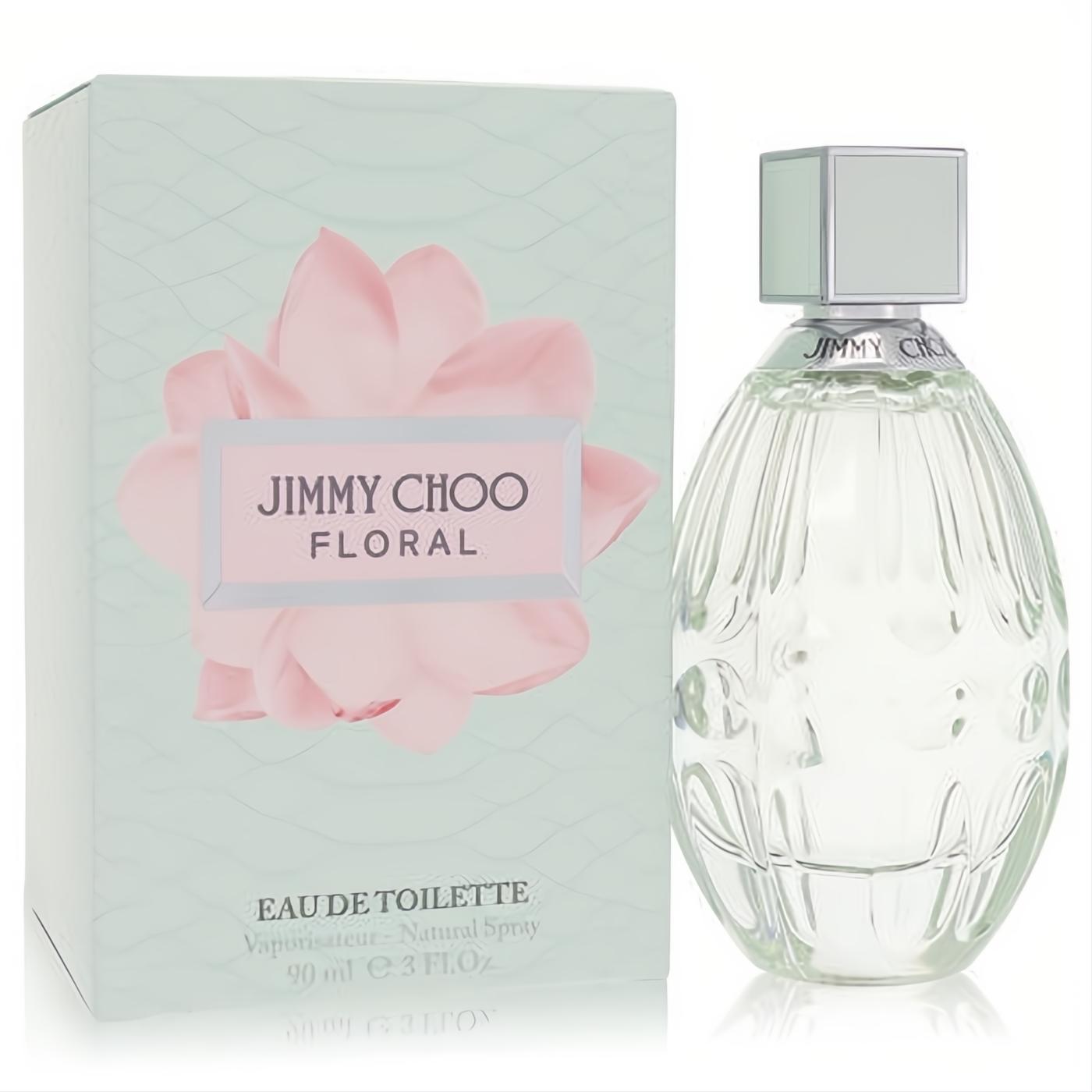 Jimmy Choo Floral 3oz EDT spray. Elegant clear textured bottle and a chic mint green box with a vibrant pink flower design.