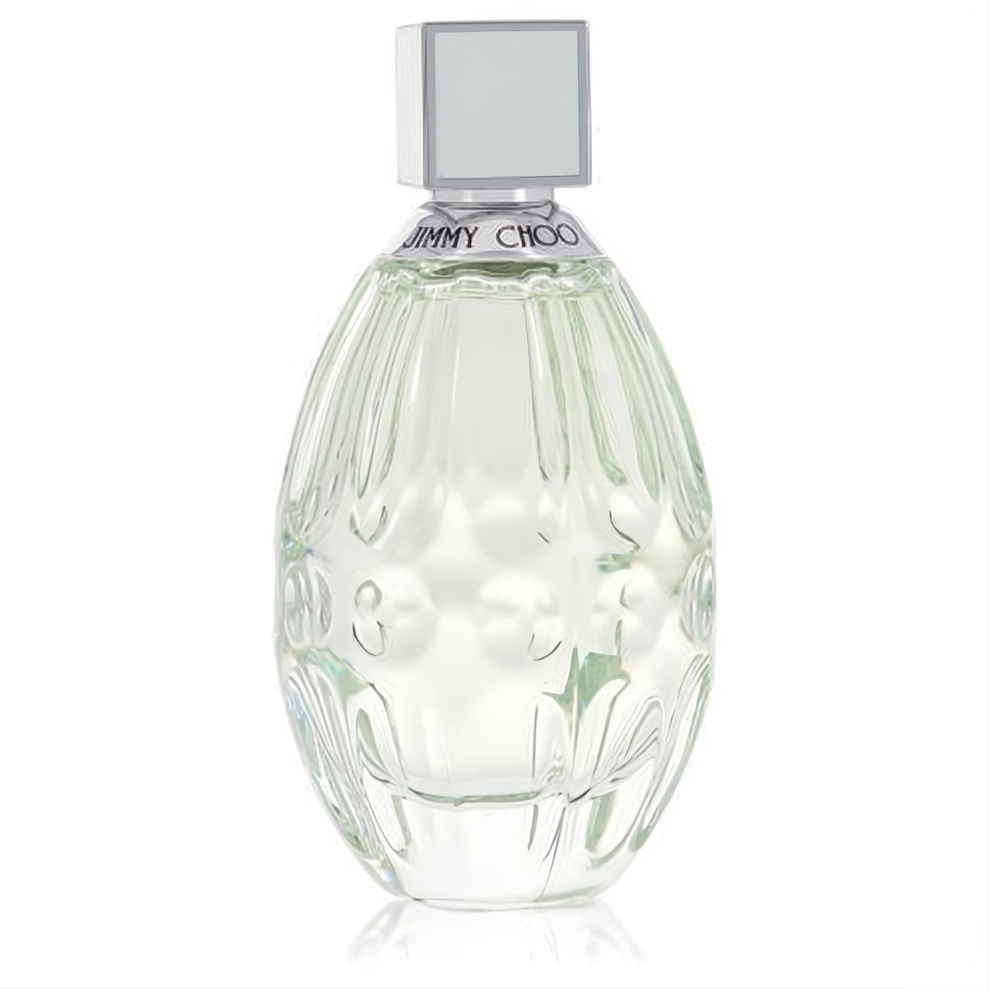 Captivating Jimmy Choo Floral women's perfume in a radiant, textured clear glass bottle with silver trim and a chic square cap.