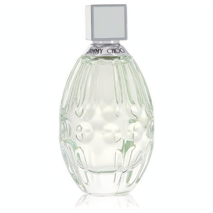 Captivating Jimmy Choo Floral women's perfume in a radiant, textured clear glass bottle with silver trim and a chic square cap.