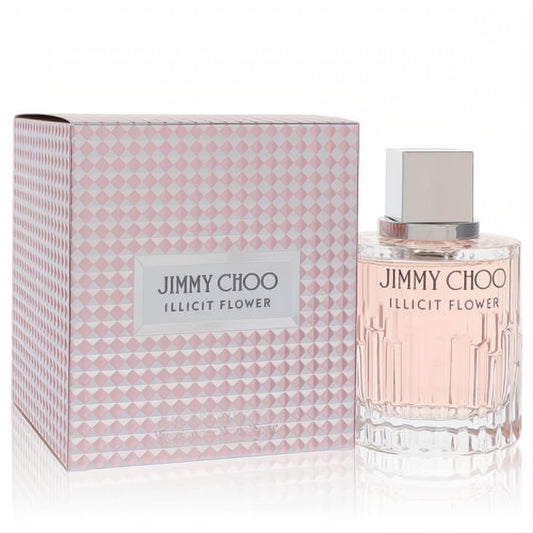 Jimmy Choo Illicit Flower 3.3 oz women's EDT. Elegant faceted glass bottle with soft pink fragrance, alongside its signature checkered box.