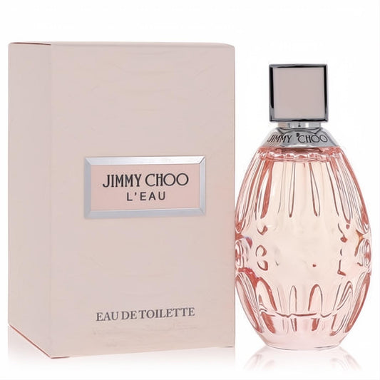 Discover Jimmy Choo L'eau EDT: a stunning pale pink fluted glass bottle with a silver cap, displayed with its elegant matching box.