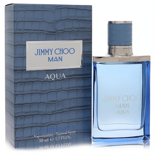 Jimmy Choo Man Aqua 1.7 oz EDT. Captivating blue glass bottle and textured blue box for a fresh, modern fragrance.