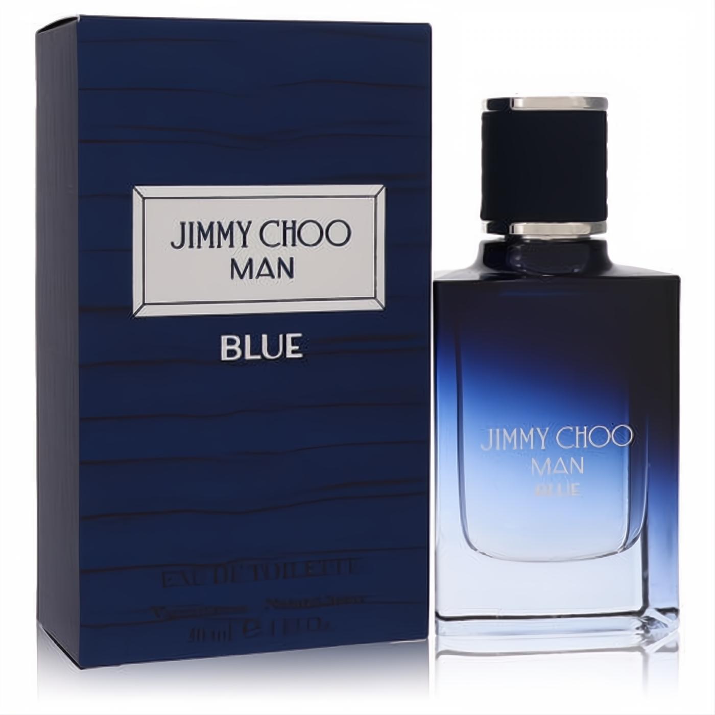 Sophisticated Jimmy Choo Man Blue 1 oz EDT spray. Dark blue box and sleek ombre glass bottle with a modern silver cap.