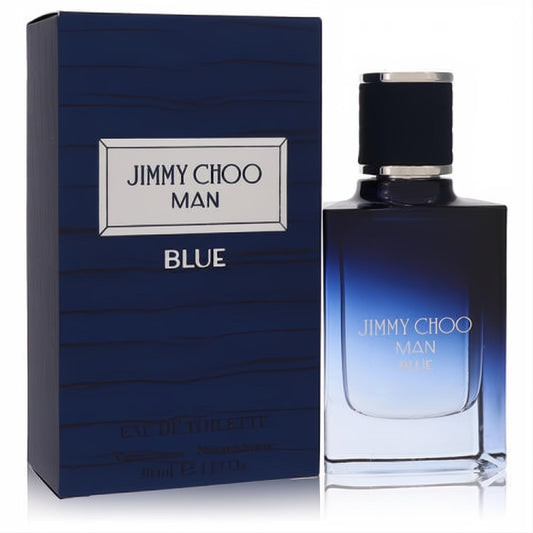 Sophisticated Jimmy Choo Man Blue 1 oz EDT spray. Dark blue box and sleek ombre glass bottle with a modern silver cap.