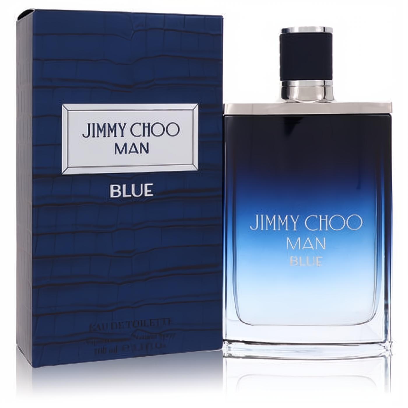 Jimmy Choo Man Blue 3.3 oz men's cologne in a sleek blue gradient glass bottle with silver accents and textured box.