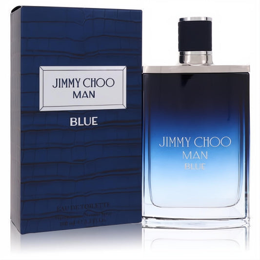 Jimmy Choo Man Blue 3.3 oz men's cologne in a sleek blue gradient glass bottle with silver accents and textured box.