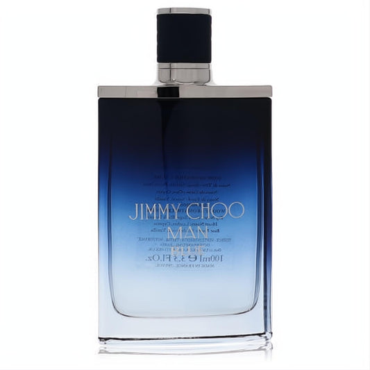 Sleek Jimmy Choo Man Blue men's Eau De Toilette, 3.3 oz, in an elegant ombre blue glass bottle with silver accents.