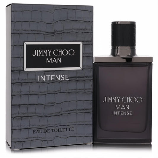 Jimmy Choo Man Intense EDT spray. Sleek dark glass bottle and luxurious crocodile-textured black box for men.