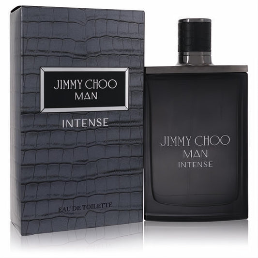Bold Jimmy Choo Man Intense Eau De Toilette in a sleek dark gray bottle with a matching luxurious crocodile-embossed box.