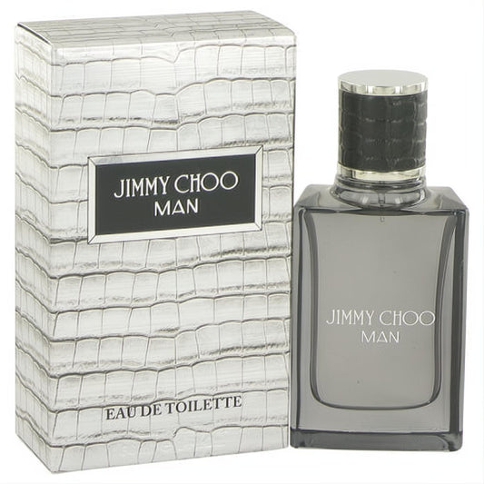 Jimmy Choo Man men's Eau De Toilette. Sleek grey glass bottle, silver cap, and luxurious crocodile-textured box.