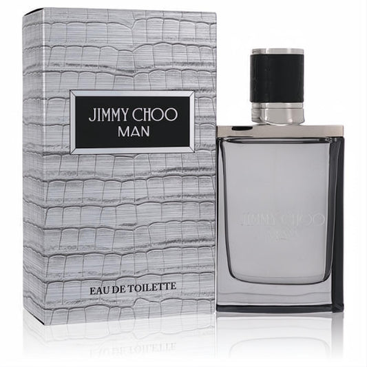Jimmy Choo Man Eau De Toilette in a sleek silver bottle with a black textured cap, next to its matching crocodile-embossed box.