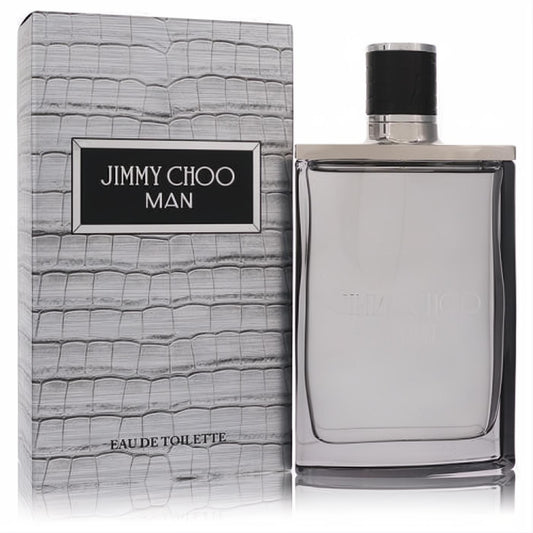 Sophisticated Jimmy Choo Man Eau De Toilette for men. Clear glass bottle with silver cap and grey crocodile-embossed box.