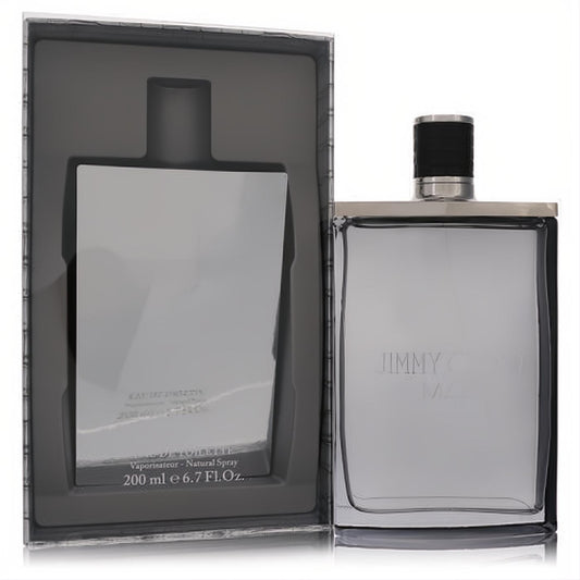 Jimmy Choo Man 6.7 oz EDT. Masculine fragrance in a sleek clear glass bottle with silver top, presented in its gray box.