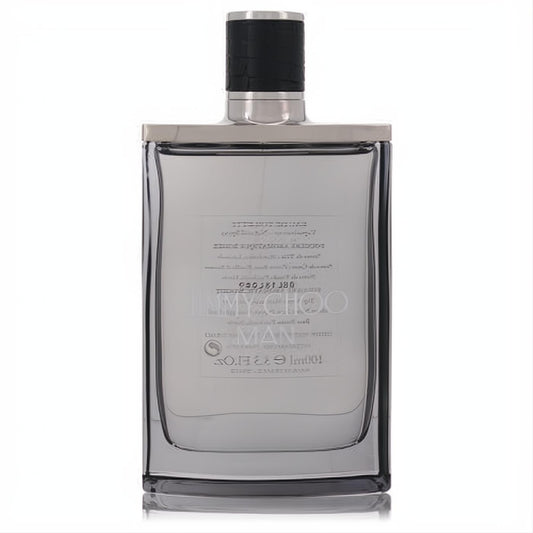 Jimmy Choo Man 3.3 oz EDT tester. Sleek grey glass bottle with a black textured cap and silver accents, embodying masculine sophistication.