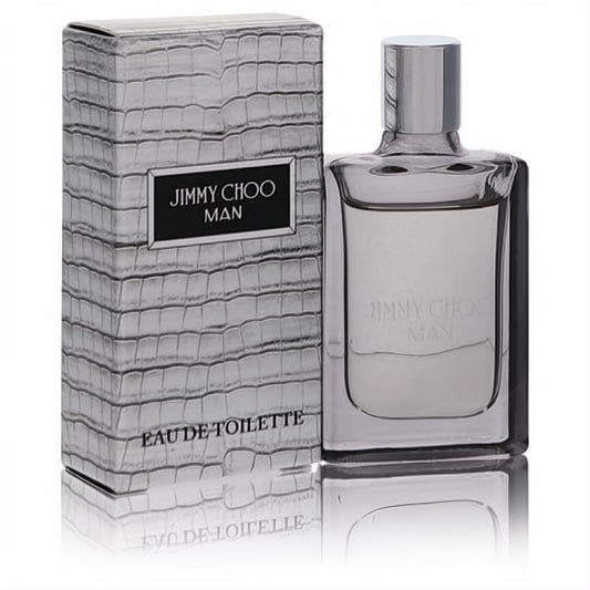Jimmy Choo Man Mini EDT. Sleek silver bottle and luxurious crocodile-textured box for a confident men's fragrance.