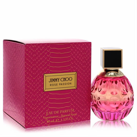 Luxurious Jimmy Choo Rose Passion 1.3 oz women's Eau De Parfum. Features a stunning textured pink bottle and a chic fuchsia snakeskin box.