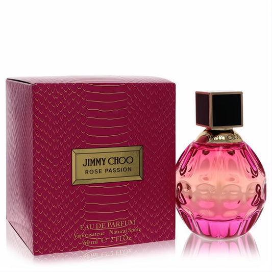 Captivating Jimmy Choo Rose Passion 2 oz EDP. Stunning pink faceted glass bottle with black cap and elegant magenta snakeskin box.