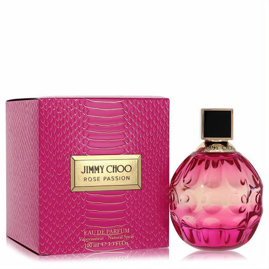 Jimmy Choo Rose Passion 3.3 oz EDP in a stunning pink faceted bottle with a chic black cap and matching snakeskin box.