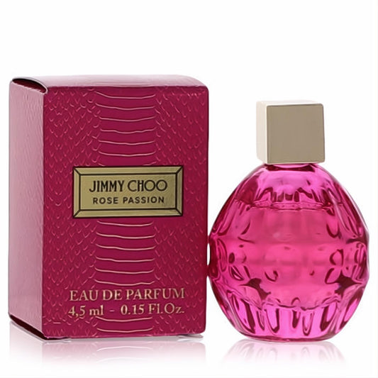 Luxurious Jimmy Choo Rose Passion mini EDP. Features a vibrant fuchsia textured bottle, elegant gold cap, and matching snake-print box.