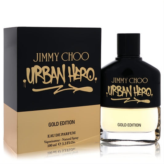 Luxurious Jimmy Choo Urban Hero Gold Edition men's 3.3 oz EDP spray. Sleek black and gold bottle with elegant matching box.
