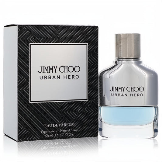 Bold Jimmy Choo Urban Hero 1.7 oz men's fragrance in a sleek metallic silver and blue bottle with a stylish black patterned box.