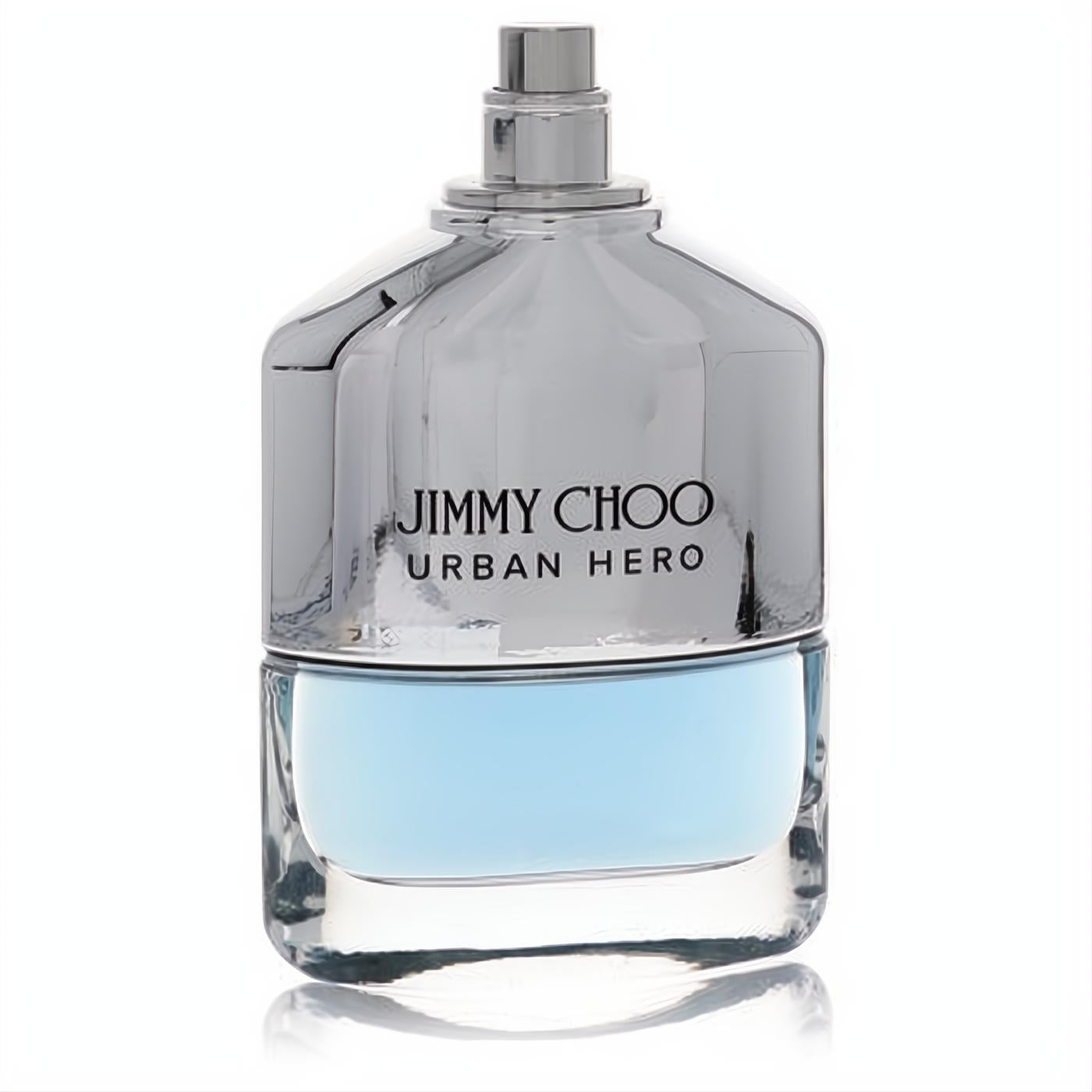 Bold Jimmy Choo Urban Hero men's EDP spray. Sleek silver and clear glass bottle with vibrant blue fragrance.