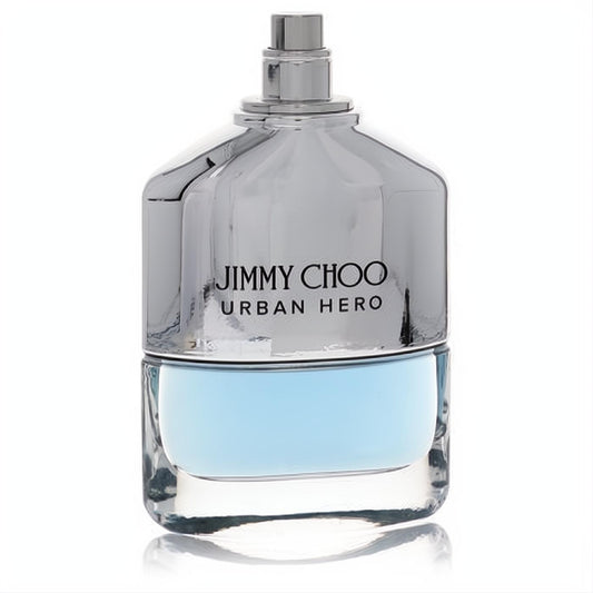 Bold Jimmy Choo Urban Hero men's EDP spray. Sleek silver and clear glass bottle with vibrant blue fragrance.