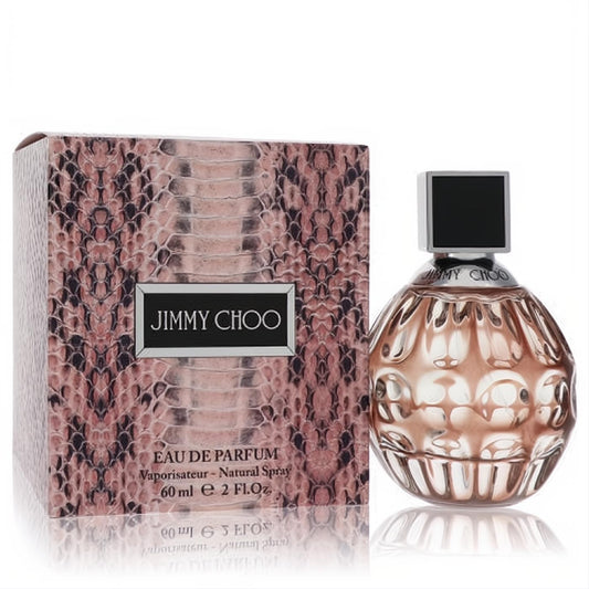 Jimmy Choo Eau De Parfum 2 oz spray: sculpted rose gold bottle with black cap, beside a chic pink python print box.