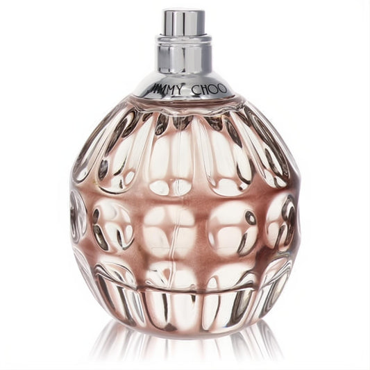 Captivating Jimmy Choo 3.4 oz perfume tester. Features a unique textured glass bottle, silver cap, and rosy-brown fragrance.