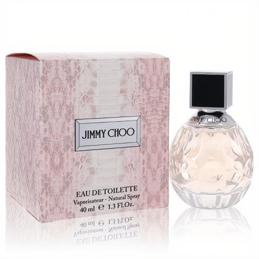 Iconic Jimmy Choo 1.3 oz Eau De Toilette spray: elegant textured glass bottle with black cap, beside its luxurious pink snakeskin box.