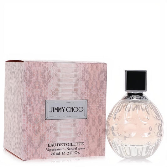 Luxurious Jimmy Choo Eau De Toilette 2 oz women's fragrance. Sculpted glass bottle, sleek black cap, and chic pink snakeskin box.