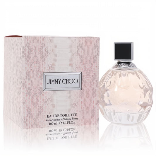 Elegant Jimmy Choo Eau De Toilette 3.3 oz spray. Clear textured glass bottle with black cap, chic blush pink patterned box.