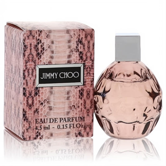 Iconic Jimmy Choo mini EDP 0.15 oz perfume. Elegant pink textured glass bottle with silver cap and matching snakeskin box.