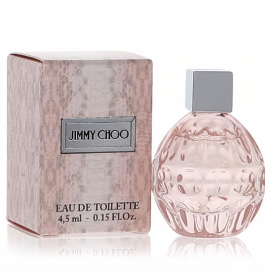 Elegant Jimmy Choo Mini EDT .15 oz women's fragrance. Features a faceted pink glass bottle with a silver cap and a chic snakeskin-textured box.