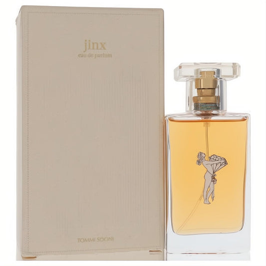 Jinx by Tommi Sooni 1.7 oz women's perfume: elegant clear bottle with amber liquid, unique silver figure, and branded cream box.