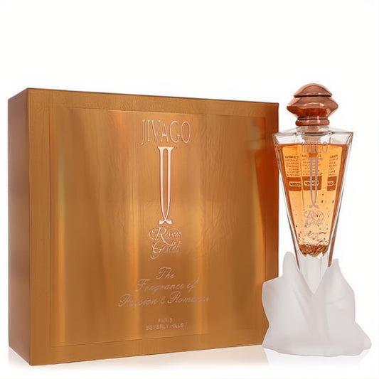 Jivago Rose Gold 2.5 oz EDP. Elegant amber perfume bottle with unique inverted design, presented in a luxurious rose gold box.