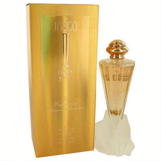 Stunning Jivago Rose Gold women's perfume. Luxurious gold box and elegant clear glass bottle with a unique design, gold cap, and golden liquid.