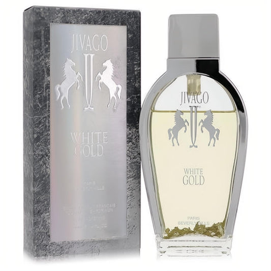 Jivago White Gold 3.4 oz men's EDP. Elegant curved glass bottle with pale gold liquid, silver cap, horse emblem, and matching textured silver box.