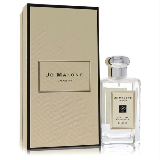 Jo Malone Earl Grey & Cucumber 3.4 oz cologne: clear glass bottle with silver cap next to its elegant beige box.