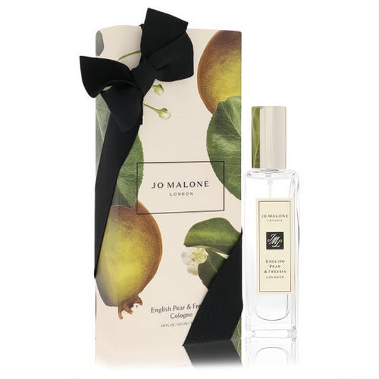 Jo Malone English Pear & Freesia 1 oz cologne in clear glass bottle, with its elegant pear & freesia gift box tied with black ribbon.