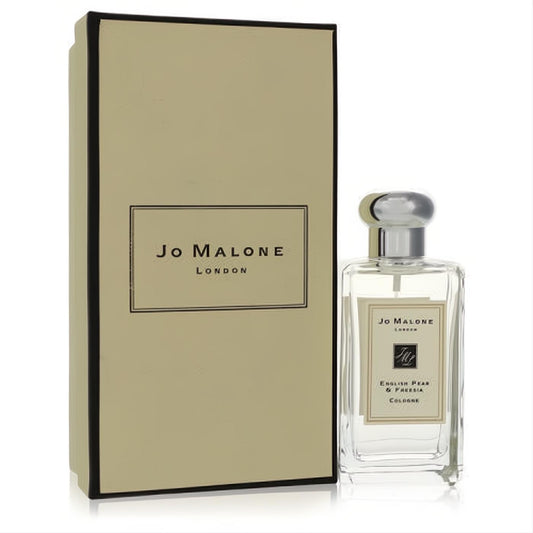 Elevate your scent with Jo Malone English Pear & Freesia cologne. Clear glass bottle, silver cap, and elegant beige box.