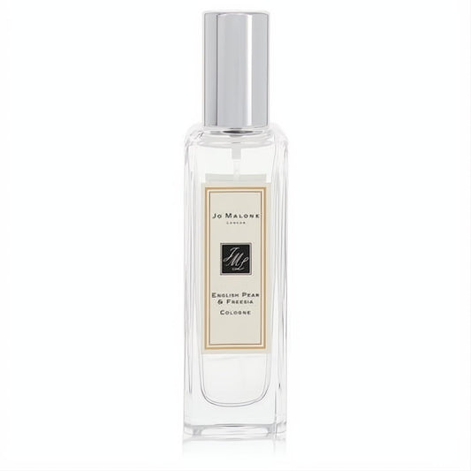 Jo Malone English Pear & Freesia unisex cologne spray. Clear glass bottle, sleek silver cap, elegant cream label.