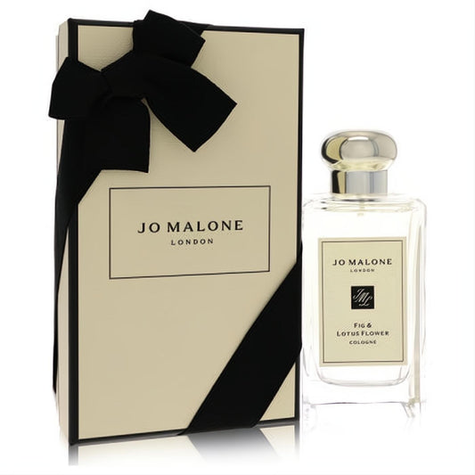 Jo Malone Fig & Lotus Flower 3.4 oz cologne spray. Clear glass bottle, silver cap, and elegant cream gift box with black ribbon.