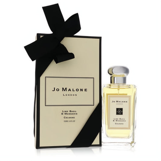 Elegant Jo Malone Lime Basil & Mandarin 3.4 oz cologne bottle, clear glass with yellow liquid, beside its cream box and black ribbon.